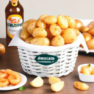 Imagem de mini batatas cortadas em sanfona e dispostas em uma cesta de fritadeira. As batatas estão douradas e crocantes.