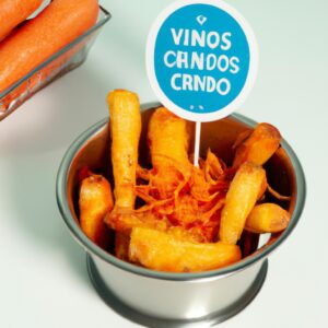 Imagem de mini cenouras cozidas na Airfryer, com um aspecto crocante e dourado. As cenouras estão dispostas numa tigela branca, com um ramo de alecrim fresco como guarnição.