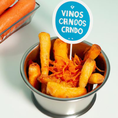 Imagem de mini cenouras cozidas na Airfryer, com um aspecto crocante e dourado. As cenouras estão dispostas numa tigela branca, com um ramo de alecrim fresco como guarnição.