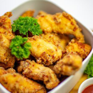 Imagem de um prato com mini filés de frango empanados fritos em uma Airfryer. Os filés são dourados e crocantes, com uma textura macia e suculenta por dentro. Eles são servidos com um molho cremoso à base de mostarda ao lado.