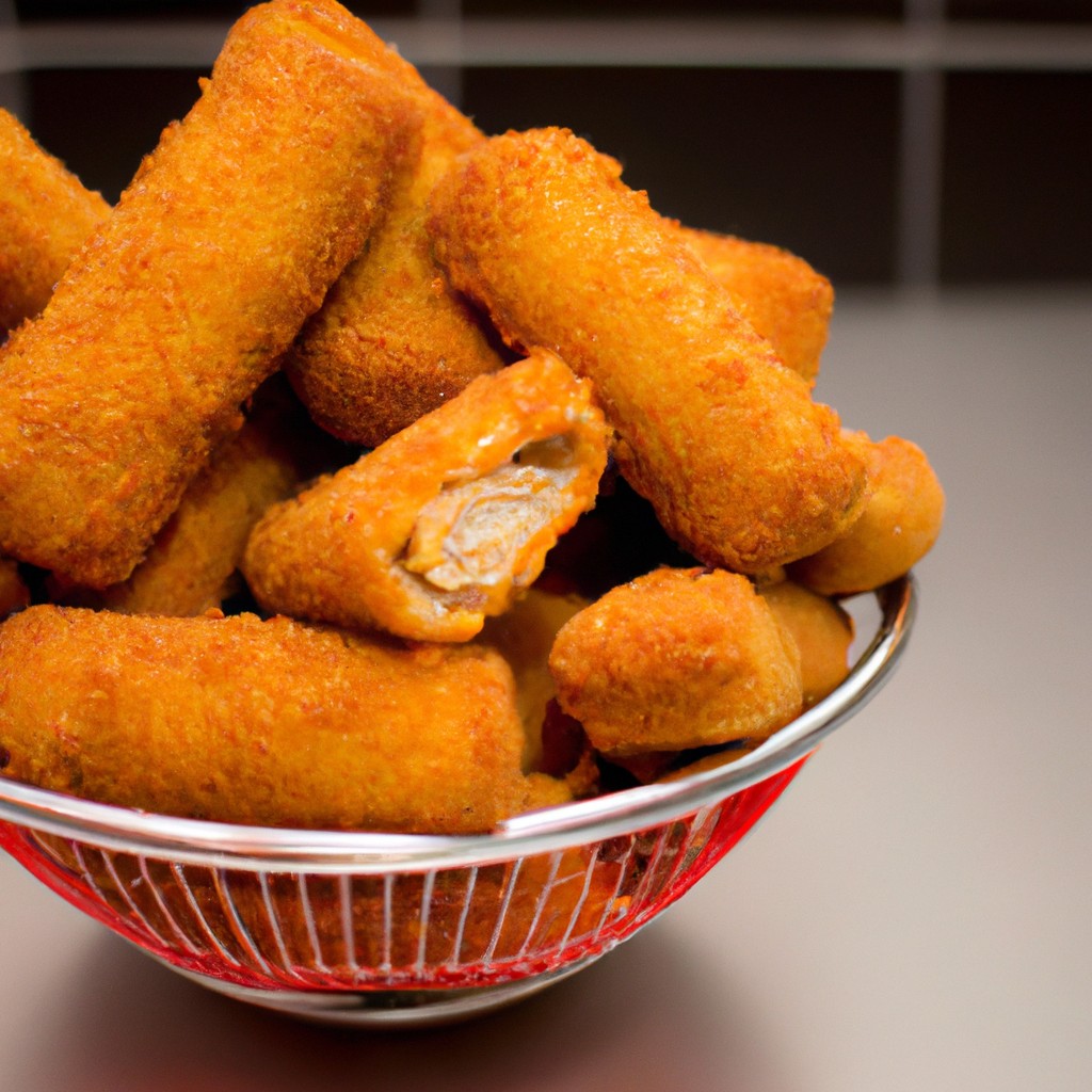 Mini cachorro-quente cozinhando em uma airfryer. Os cachorros-quentes são dourados e crocantes, com um interior suculento. A airfryer é uma cesta de arame com uma base preta e uma alça prateada.