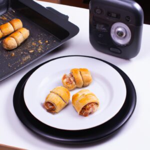 Foto de mini pizzas enroladas em uma cesta de fritadeira. As pizzas são cobertas com queijo derretido, pepperoni e azeitonas.
