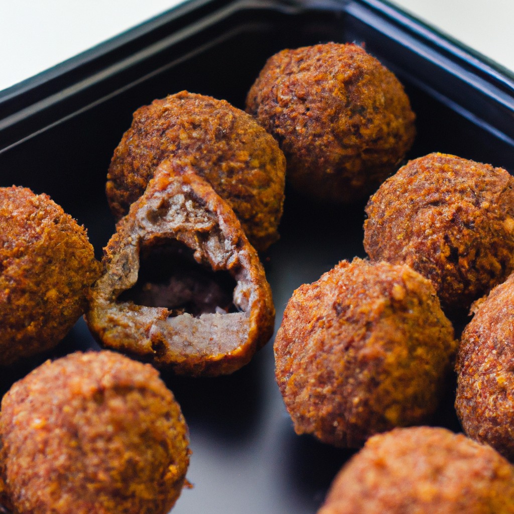 Imagem de mini quibes recheados dourados e crocantes fritos na airfryer, apresentados em um prato com rodelas de limão. A receita oferece instruções passo a passo para preparar esses quitutes saborosos e práticos.