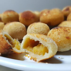 Imagem de mini pastéis fritos em uma airfryer. Eles são recheados com queijo branco e têm um exterior dourado e crocante.