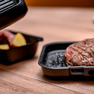 Imagem de um mini bife grelhado em uma airfryer. O bife é cortado em tiras finas e grelhado até ficar dourado e crocante.