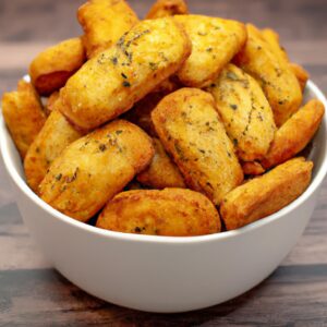 Imagem de uma air fryer com uma porção de moela crocante cozida dentro. A moela está dourada e tem uma aparência crocante e saborosa.
