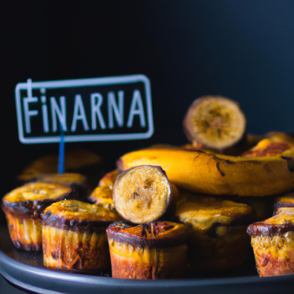 Imagem de um muffin de banana dourado e fofo, recém-saído da Airfryer. A superfície do muffin é levemente crocante, enquanto o interior é macio e úmido. O muffin está salpicado com pedaços de banana e tem um aroma doce e convidativo.