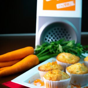 Imagem de um lote de muffins de cenoura recém-assados em uma cesta de arame. Os muffins são dourados e cobertos com uma generosa camada de nozes picadas.