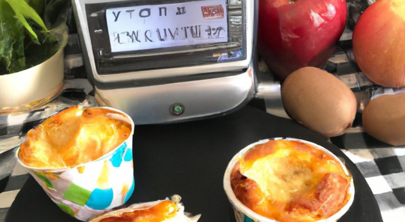 Uma foto de muffins de maçã assados em uma fritadeira. Os muffins são dourados e têm pedaços de maçã visíveis no topo.