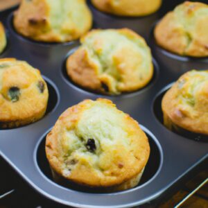 Imagem de muffins dourados e fofos feitos em uma airfryer, com instruções passo a passo para criar muffins caseiros deliciosos e fáceis.