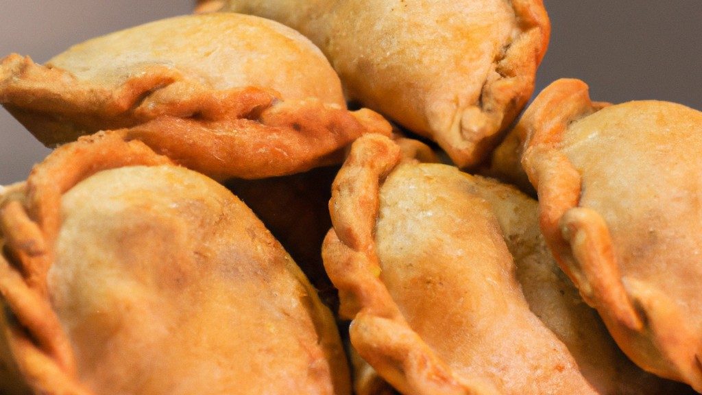 Imagem de uma empanada de mussarela dourada e crocante, preparada na Airfryer. A empanada é recheada com queijo mussarela derretido e vaporoso, cercada por uma crosta escamosa e dourada. O fundo é branco, destacando a empanada.