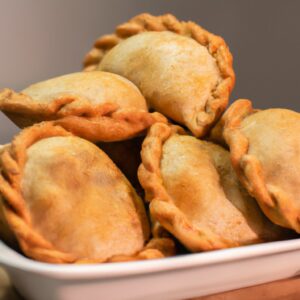 Imagem de uma empanada de mussarela dourada e crocante, preparada na Airfryer. A empanada é recheada com queijo mussarela derretido e vaporoso, cercada por uma crosta escamosa e dourada. O fundo é branco, destacando a empanada.