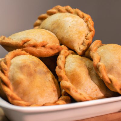 Imagem de uma empanada de mussarela dourada e crocante, preparada na Airfryer. A empanada é recheada com queijo mussarela derretido e vaporoso, cercada por uma crosta escamosa e dourada. O fundo é branco, destacando a empanada.
