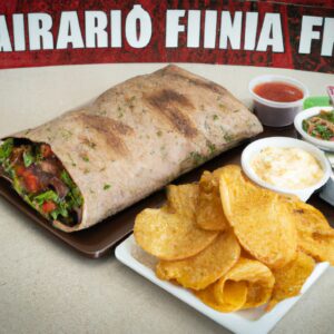 Uma foto de um burrito gigante dourado em uma Airfryer, cercado por mãos alcançando e pegando pedaços. O burrito é recheado com arroz, feijão, carne, queijo, alface e tomate.