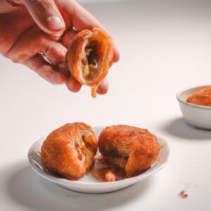 Uma imagem de banana empanada frita em farinha panko. As bananas estão cortadas em fatias e cobertas com farinha panko crocante. A empanada é servida em um prato com uma tigela de calda ao lado.