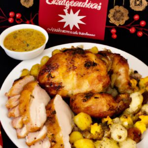Imagem de um tender suculento e dourado cozido na Airfryer, acompanhado de batatas assadas e cenouras. O tender é coberto com um glace caramelizado e decorado com alecrim fresco.