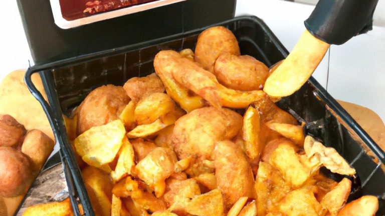 Imagem de nhoques fritos crocantes em uma airfryer, com ervas frescas espalhadas por cima. A panela da airfryer é visível ao fundo.