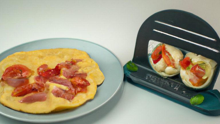 Omelete Caprese crocante e delicioso preparado na Airfryer. O omelete é recheado com queijo mussarela derretido, tomates suculentos e folhas frescas de manjericão, criando uma combinação de sabores clássica e apetitosa.