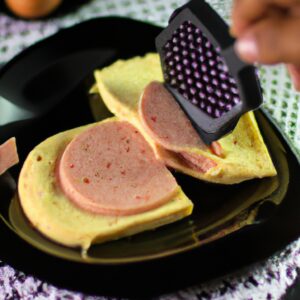 Imagem de omelete com mortadela cozida na Airfryer. A omelete está dourada e recheada com fatias de mortadela, acompanhada de uma porção de salada verde.