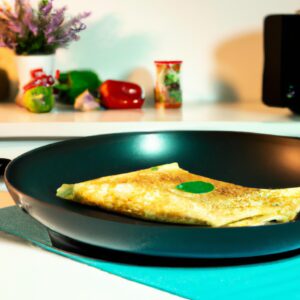 Imagem de uma omelete crocante e dourada cozida em uma airfryer. O interior da omelete é fofo e cheio de vegetais coloridos, como pimentões, cebolas e cogumelos. A omelete é servida em um prato com fatias de abacate e salsa fresca. O texto "Omelete na Airfryer: Sabor Irresistível e Saudável" está escrito na parte superior da imagem.
