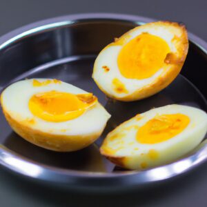 Imagem de um ovo cozido em uma airfryer. O ovo está inteiro, com a casca marrom clara. Ele está ligeiramente rachado na parte superior, expondo o interior branco e amarelo do ovo. O fundo da airfryer é visível, com uma grade de metal e uma bandeja coletora de migalhas.