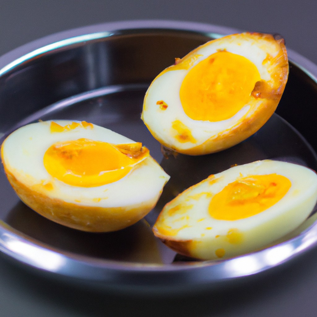 Imagem de um ovo cozido em uma airfryer. O ovo está inteiro, com a casca marrom clara. Ele está ligeiramente rachado na parte superior, expondo o interior branco e amarelo do ovo. O fundo da airfryer é visível, com uma grade de metal e uma bandeja coletora de migalhas.