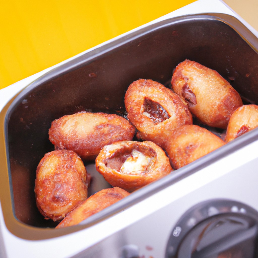Imagem de uma cesta de airfryer cheia de ovos de codorna cozidos. Os ovos são dourados e crocantes, com alguns pontos escuros carbonizados. Eles estão dispostos em uma única camada na cesta, com um pouco de espaço entre eles.