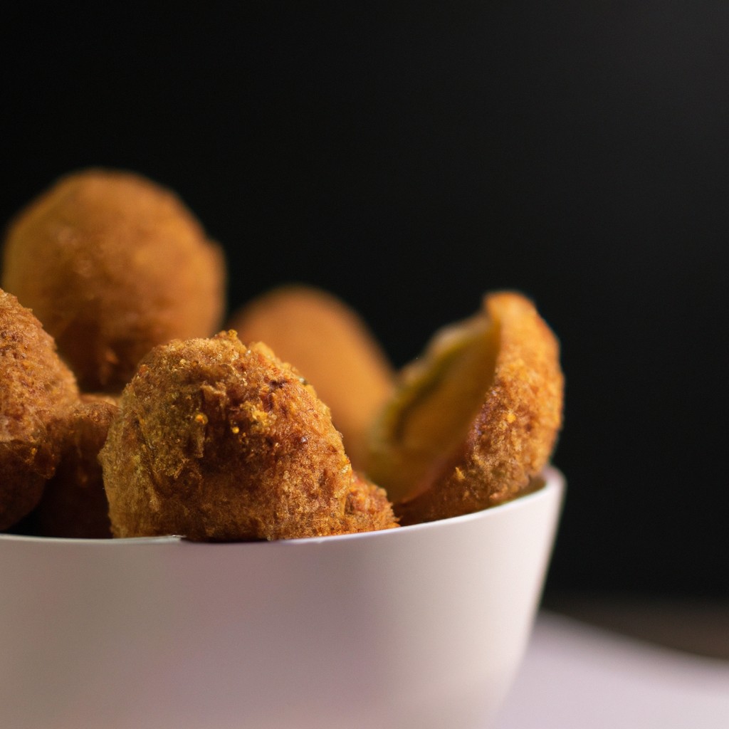 Uma fotografia de cima de um prato cheio de ovos empanados, dourados e crocantes, feitos na Airfryer. Os ovos estão cortados ao meio, revelando uma gema cozida perfeitamente. O prato é guarnecido com fatias de limão e ervas frescas.