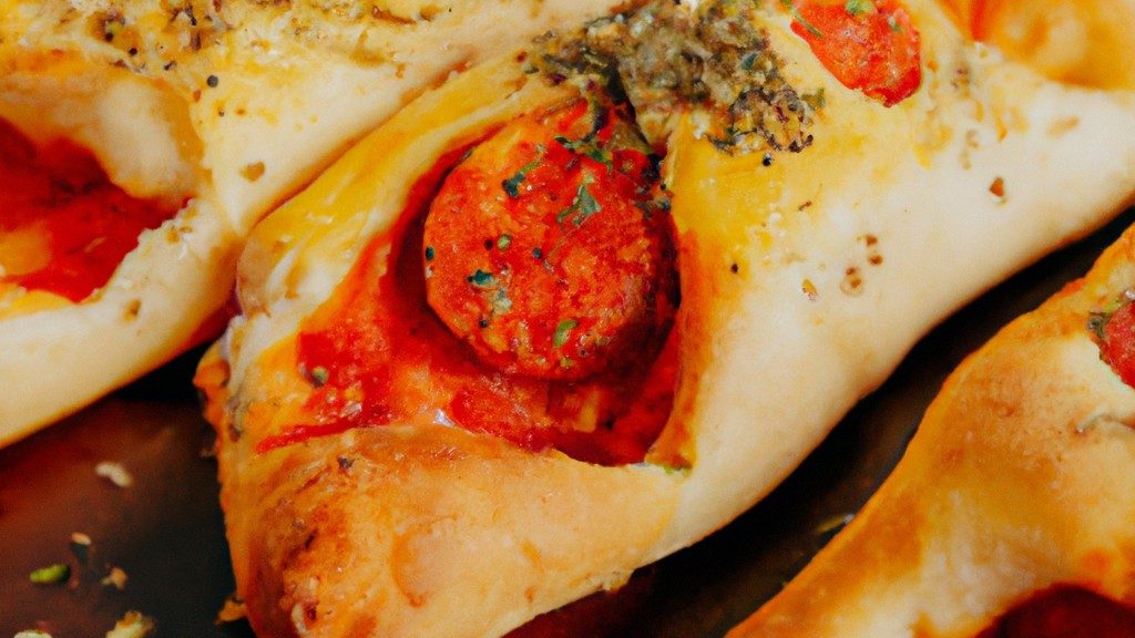 Imagem de palitinhos de pizza crocantes e dourados cozidos na Airfryer. Os palitinhos são cobertos com molho de tomate, queijo e pepperoni. A legenda explica que a receita é fácil de fazer e resulta em um petisco delicioso.