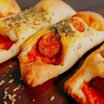 Imagem de palitinhos de pizza crocantes e dourados cozidos na Airfryer. Os palitinhos são cobertos com molho de tomate, queijo e pepperoni. A legenda explica que a receita é fácil de fazer e resulta em um petisco delicioso.