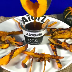 Palitinhos de abóbora crocantes e dourados cozidos na airfryer. A abóbora é cortada em tiras finas e temperada com especiarias quentes, criando um lanche ou acompanhamento saboroso e saudável.