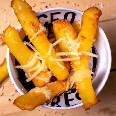Palitos de batata crocantes e dourados na Airfryer, cobertos com queijo derretido e borrifados com cebolinha fresca. Esses palitos crocantes são o petisco perfeito ou acompanhamento para qualquer refeição.
