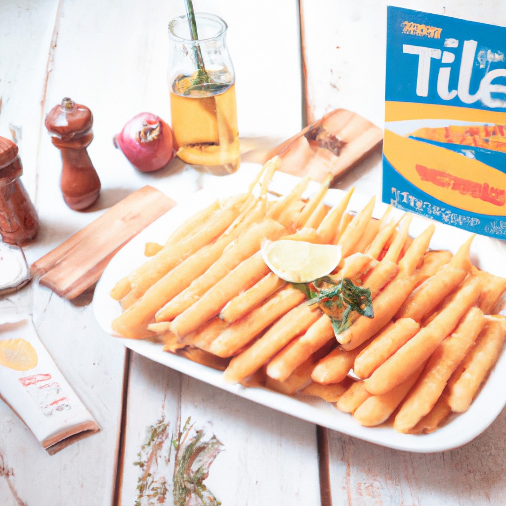 Imagem de palitos de peixe empanados e dourados em formato de bastão, dispostos em um prato branco. Eles são crocantes por fora e macios por dentro, com um leve tom dourado e textura crocante.