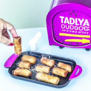 Uma imagem de palitos de tapioca dourados e crocantes preparados na Airfryer, servidos em um prato com um molho de pimenta ao lado.