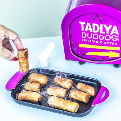 Uma imagem de palitos de tapioca dourados e crocantes preparados na Airfryer, servidos em um prato com um molho de pimenta ao lado.