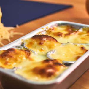 Imagem de uma travessa de cerâmica branca com palmito gratinado preparado na Airfryer. O palmito está coberto com uma crosta dourada e borbulhante de queijo gratinado.
