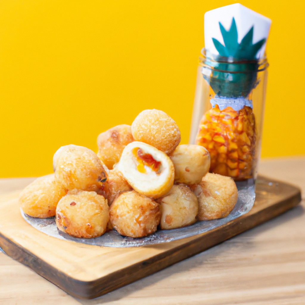 Imagem de uma porção de palmito pupunha assado na airfryer, disposto em um prato. Os pedaços de palmito estão dourados e crocantes, e há uma pequena tigela de molho ao lado.