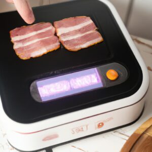 Imagem de uma frigideira cheia de tiras crocantes de panceta suína assada na airfryer.