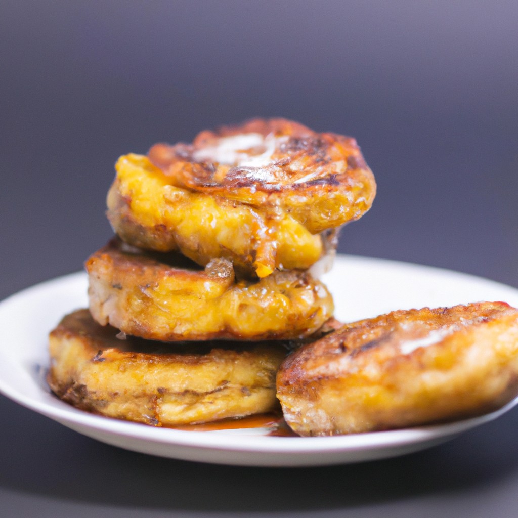 Imagem de panquecas de banana douradas e fofas cozidas em uma airfryer, polvilhadas com calda de bordo e fatias de banana fresca.