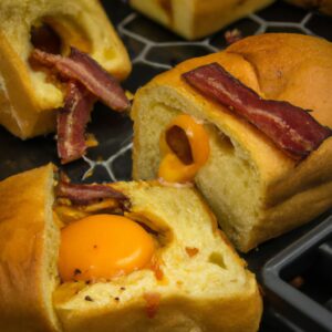 Imagem de um prato com pão, bacon e ovos fritos feitos na airfryer. O pão está torrado e cortado ao meio, e o bacon e os ovos estão dispostos sobre ele. A imagem mostra uma refeição saudável e saborosa, fácil e rápida de preparar.