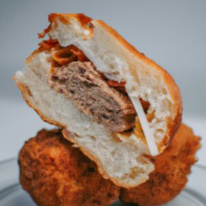 Imagem de uma airfryer com uma cesta contendo vários pães com carne moída assados. Os pães são dourados e crocantes, com um recheio de carne moída temperada visível. A imagem inclui texto que diz "Pão Com Carne Moída Na Airfryer: Receita Fácil E Deliciosa".