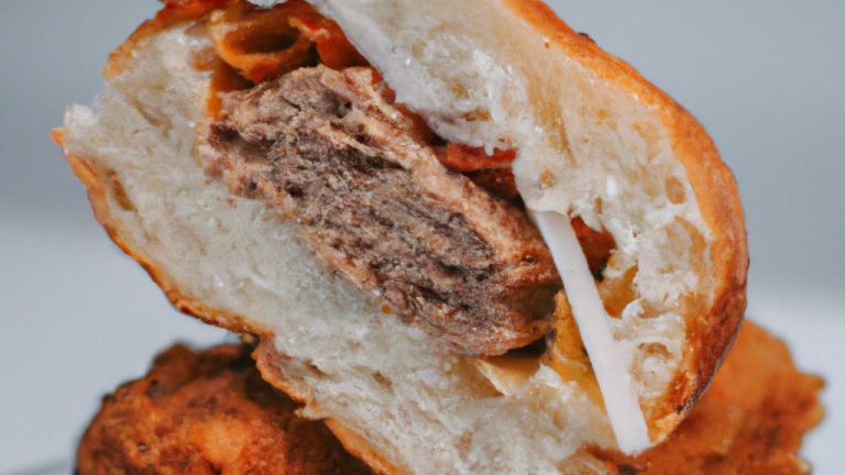 Imagem de uma airfryer com uma cesta contendo vários pães com carne moída assados. Os pães são dourados e crocantes, com um recheio de carne moída temperada visível. A imagem inclui texto que diz 