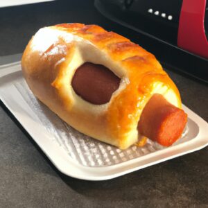 Imagem de um pão com chouriço recém-saído da Airfryer. O pão está dourado e crocante por fora, com o chouriço fatiado visível por dentro. A imagem também mostra uma tábua de cortar de madeira com uma faca ao lado do pão.