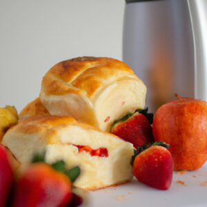 Imagem de uma cesta de vime forrada com guardanapo de tecido contendo pães doces recheados com doce de leite e cobertos com frutas frescas, incluindo morangos, mirtilos e bananas. Os pães doces são dourados e crocantes, tendo sido cozidos em uma airfryer.