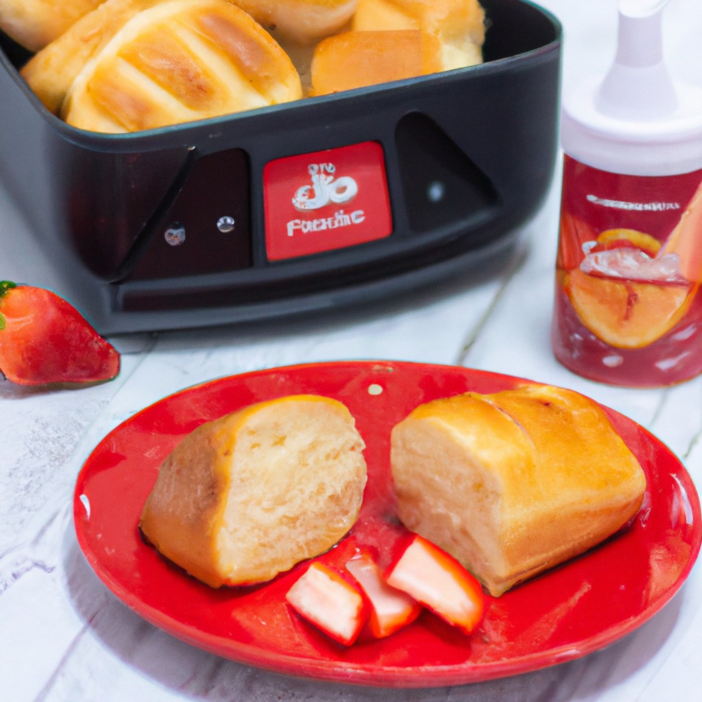 Pão Com Doce De Leite E Morango Na Airfryer Em 7 Minutos 1 Imagem de um pão doce de leite com morango preparado na Airfryer. O pão está dourado e coberto com morangos fatiados e calda de leite condensado.