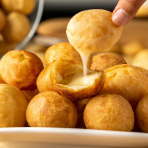Imagem de pães de batata-doce crocantes e dourados feitos na airfryer. Os pães têm um interior macio e fofo e são servidos com uma tigela de molho de manteiga de mel à parte.