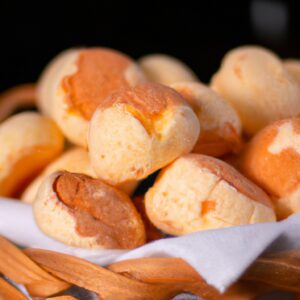 Imagem de pães de mandioca crocantes e dourados preparados na airfryer. A textura crocante e o interior macio são visíveis, com gotas de óleo brilhando na superfície.