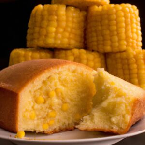 Pão de milho crocante e dourado cozido na Airfryer. O pão é mostrado em fatias, revelando seu interior macio e fofo com grãos de milho visíveis. A Airfryer é mostrada ao fundo, indicando o método de cozimento conveniente.