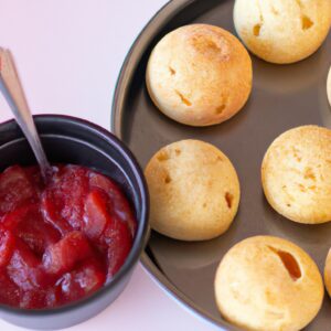 Imagem mostrando pão de queijo recheado com goiabada, cozido na airfryer. Os pães de queijo estão dourados e crocantes, com o recheio de goiabada derretido e pegajoso. A imagem transmite uma sensação de calor e conforto, e o pão de queijo parece delicioso.