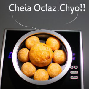 Imagem de pães de queijo congelados sendo preparados em uma airfryer, mostrando o tempo e a temperatura recomendados para cozimento ideal.